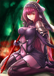Rule 34 | 1girl, armor, bodysuit, breasts, covered navel, fate/grand order, fate (series), gae bolg (fate), highres, hood, large breasts, long hair, pauldrons, polearm, purple hair, red eyes, scathach (fate), scathach (fate), shoulder armor, sitting, solo, spear, srsojiro, wariza, weapon