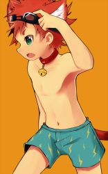 Rule 34 | 1boy, animal ears, bell, boxers, bulge, cat ears, child, fang, goggles, goggles on head, green eyes, ikutsuki, jingle bell, male focus, male underwear, no nipples, orange background, original, red hair, shishi chan, short hair, simple background, solo, spiked hair, tail, underwear
