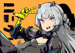 Rule 34 | 1girl, absurdres, black dress, black horns, braid, cleavage cutout, clothing cutout, commentary request, dress, grey eyes, grey hair, headgear, highres, horns, long hair, looking at viewer, mechanical arms, nanami: storm (punishing: gray raven), nanami (punishing: gray raven), no nose, open mouth, orange background, punishing: gray raven, short sleeves, simple background, small horns, smile, solo, teeth, tongue, translation request, upper teeth only, v, watasi ch3