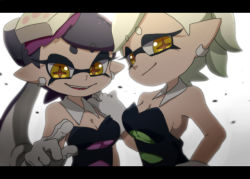 Rule 34 | + +, 2girls, anime coloring, bare shoulders, black dress, black hair, breasts, callie (splatoon), cleavage, cousins, detached collar, dress, earrings, eyebrows, food, food on head, gloves, hat, inkling, jewelry, long hair, looking at viewer, marie (splatoon), mole, mole under eye, multiple girls, nintendo, object on head, pointy ears, short hair, smile, splatoon (series), splatoon 1, strapless, symbol-shaped pupils, tentacle hair, tentacles, thick eyebrows, ukata, upper body, white background, white gloves, white hair, yellow eyes