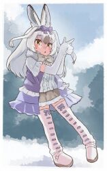 Rule 34 | 1girl, absurdres, animal ears, blush, boots, bow, bowtie, brown skirt, center frills, dress, elbow gloves, frilled skirt, frilled sleeves, frills, fur collar, gloves, grey bow, grey bowtie, grey hair, hair between eyes, hair bow, highres, kemono friends, kemono friends 3, multicolored hair, pleated skirt, purple bow, purple dress, rabbit ears, rabbit girl, shirt, short hair, short sleeves, sidelocks, skirt, snowshoe hare (kemono friends), solo, thigh boots, toriny, two-tone hair, white footwear, white fur, white gloves, white hair, white shirt, yellow eyes