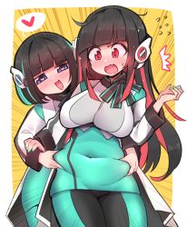 Rule 34 | 2girls, android, as (kamen rider 01), belly grab, black hair, blue eyes, blush, breasts, covered navel, ditienan ddn, emphasis lines, fang, fang out, green nails, heart, heart-shaped pupils, humagear headphones, is (kamen rider 01), kamen rider, kamen rider 01 (series), large breasts, long hair, mechanical ears, multiple girls, nail polish, open mouth, plump, red eyes, robot, short hair, skin tight, spoken heart, surprised, symbol-shaped pupils, v-shaped eyebrows