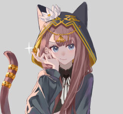 1girl animal_ear_hood arknights black_jacket blue_eyes brown_hair cat_girl cat_tail coin commentary fake_animal_ears fangs fangs_out flower grey_background highres holding holding_coin hood hooded_jacket jacket long_hair long_sleeves looking_at_viewer pepe_(arknights) shouga_chahan simple_background skin_fangs smile solo sparkle tail tail_ornament tail_ring upper_body white_flower