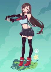 Rule 34 | 1girl, :d, atomicmrshmallw, black shirt, black shorts, black skirt, breasts, brown hair, crop top, earrings, elbow gloves, final fantasy, final fantasy vii, final fantasy vii remake, fingerless gloves, full body, gloves, highres, jewelry, large breasts, long hair, looking at viewer, low-tied long hair, midriff, navel, open mouth, red eyes, shirt, shorts, skirt, smile, solo, suspender skirt, suspenders, tank top, thighhighs, tifa lockhart, undershirt, white tank top
