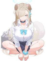 Rule 34 | 1girl, animal ears, asuna (blue archive), asymmetrical bangs, bag, bare legs, barefoot, black choker, black skirt, blue archive, blush, breasts, button gap, choker, commentary request, dog ears, dog tail, hair over one eye, halo, highres, kemonomimi mode, large breasts, light brown hair, long hair, looking at viewer, one eye covered, open collar, pleated skirt, school bag, scrunchie, shirt, shirt tucked in, simple background, skirt, skirt rolled up, smile, solo, tail, tatara (alnath may), toes, very long hair, white background, white shirt, wrist scrunchie