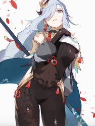 Rule 34 | 1girl, bare shoulders, blue eyes, bodysuit, braid, cowboy shot, genshin impact, hair over one eye, holding, holding weapon, looking at viewer, parted lips, petals, polearm, shenhe (genshin impact), smile, solo, srro yo, weapon, white hair