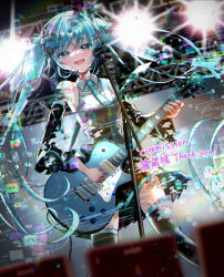Rule 34 | 1girl, :d, backlighting, bare shoulders, black skirt, black sleeves, black thighhighs, blush, breasts, commentary request, commission, crying, crying with eyes open, detached sleeves, english text, fujiwara aoi, glitch, green eyes, green hair, green nails, green necktie, guitar, hair between eyes, half-closed eyes, hatsune miku, highres, holding, holding instrument, holding microphone, instrument, lens flare, light particles, long hair, long sleeves, microphone, miniskirt, music, necktie, open mouth, pixelated, playing instrument, pleated skirt, sad smile, sidelocks, singing, skirt, small breasts, smile, solo, spotlight, stage, streaming tears, tears, thighhighs, twintails, very long hair, vocaloid, wide sleeves, zettai ryouiki