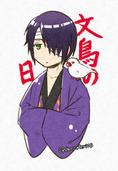 Rule 34 | 1boy, animal, animal on shoulder, animalization, bandage over one eye, bandaged head, bandages, closed mouth, cropped torso, gintama, green eyes, grey background, hair over one eye, hands in opposite sleeves, japanese clothes, jitome, kimono, looking at viewer, male focus, open clothes, purple hair, purple kimono, red eyes, sakata gintoki, simple background, takasugi shinsuke, translation request, tsurumura ichiru, twitter username, upper body