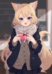 Rule 34 | 1girl, :d, absurdres, animal ear fluff, animal ears, black jacket, black skirt, blonde hair, blue eyes, blurry, blurry background, blush, box, brown cardigan, cardigan, commentary request, depth of field, fang, fox ears, fox girl, fox tail, fringe trim, gift, gift box, grey scarf, hair ornament, hairclip, heart-shaped box, highres, hinata (user rjkt4745), holding, holding gift, indoors, jacket, long hair, long sleeves, looking at viewer, open clothes, open jacket, open mouth, original, pleated skirt, scarf, shirt, skirt, smile, solo, tail, valentine, very long hair, white shirt