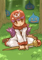 Rule 34 | 1girl, brown eyes, commentary request, dragon quest, dragon quest ii, forest, full body, grass, hood, long hair, nature, outdoors, princess of moonbrook, purple hair, robe, shisui, sitting, slime (dragon quest), solo, staff, white robe