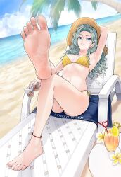 Rule 34 | 1girl, absurdres, barefoot, beach, beifeng han, bikini, blue eyes, chair, feet, glass, green hair, grin, hat, highres, jewelry, light blush, long hair, looking at viewer, lounge chair, original, palm tree, smile, soles, sun hat, sunglasses, sunglasses removed, swimsuit, toe ring, toes, tree