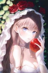 Rule 34 | 1girl, apple, bare shoulders, blue eyes, blurry, blurry background, blush, breasts, brown hair, cleavage, collarbone, dress, flower, food, fruit, funii, hand up, highres, holding, holding food, holding fruit, large breasts, long hair, looking at viewer, parted lips, plant, red flower, red rose, rose, smile, snow white, solo, white dress