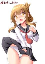 Rule 34 | anchor symbol, black sailor collar, black skirt, brown eyes, brown hair, clothes lift, commentary request, folded ponytail, gluteal fold, hair ornament, hairclip, inazuma (kancolle), kantai collection, kneehighs, long hair, neckerchief, one-hour drawing challenge, open mouth, panties, pleated skirt, red neckerchief, sailor collar, school uniform, serafuku, simple background, skirt, skirt hold, skirt lift, socks, solo, tokyo yamane, twitter username, underwear, white background, white panties, wind, wind lift