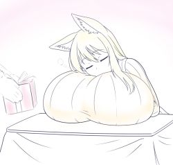 Rule 34 | 1girl, animal ears, breast rest, breasts, closed eyes, fox ears, futon7979, gift, gigantic breasts, original, partially colored, self pillow, sleeping, solo focus, sweater, yuzuno (futon)