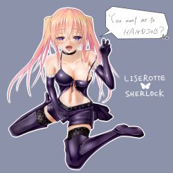Rule 34 | 1girl, blonde hair, boots, elbow gloves, english text, engrish text, gloves, heart, heart-shaped pupils, highres, lieselotte sherlock, mitty (bareg 09), purple eyes, ranguage, symbol-shaped pupils, thigh boots, thighhighs, trinity seven, twintails