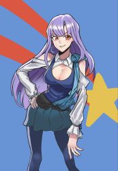 Rule 34 | 1girl, blue tank top, breasts, cleavage, cleavage cutout, clothing cutout, fanny pack, gundam, gundam zz, hand on own hip, highres, large breasts, leaning to the side, leggings, looking to the side, pantyhose, purple hair, red eyes, roux louka, smirk, solo, star (symbol), tank top, tntsama, v-shaped eyebrows
