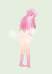 Rule 34 | 1girl, absurdres, aftersex, ass, ass support, butt crack, cum, cum in clothes, cum in panties, cum in pussy, cumdrip, from behind, frown, full body, hat, highres, kneepits, long hair, looking back, no pants, onsen mikan, panties, panty pull, patchouli knowledge, purple eyes, purple hair, simple background, socks, solo, standing, touhou, underwear