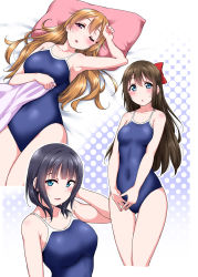 Rule 34 | 3girls, :o, ;o, arm behind head, armpits, asaka karin, black hair, blanket, blue eyes, blue one-piece swimsuit, blush, bow, brown hair, collarbone, commentary request, competition school swimsuit, covered navel, hair bow, hair ornament, hairclip, halftone, halftone background, hand on own forehead, highres, konoe kanata, long hair, looking at viewer, love live!, love live! nijigasaki high school idol club, love live! school idol festival all stars, lying, mole, mole on collarbone, multiple girls, on back, one-piece swimsuit, one eye closed, osaka shizuku, own hands together, pillow, purple eyes, red bow, school swimsuit, short hair, smile, swimsuit, thigh gap, yopparai oni
