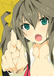 Rule 34 | 10s, 1girl, angry, blush, brown hair, censored, close-up, convenient censoring, fang, fingernails, flat chest, green eyes, grey hair, hair ribbon, huang lingyin, infinite stratos, long fingernails, long hair, okiura, open clothes, open mouth, open shirt, perspective, pointing, ribbon, shirt, solo, twintails