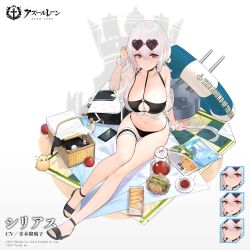 Rule 34 | 1girl, anchor symbol, apple, azur lane, bag, beach mat, bikini, bird, black bikini, breasts, cellphone, chick, choker, cleavage, closed mouth, collarbone, copyright name, copyright notice, expressions, eyewear on head, food, frilled cuffs, fruit, full body, hair between eyes, hairband, innertube, kincora, large breasts, logo, magazine (object), navel, official alternate costume, official art, phone, picnic basket, pitcher (container), rigging, sandals, sandwich, scrunchie, see-through, shadow, sidelocks, sirius (azur lane), sirius (scorching-hot seirios) (azur lane), sitting, solo, stomach, sunglasses, swim ring, swimsuit, thigh strap, thighs, toeless footwear, tote bag, transparent background, white background, white hair, wrist scrunchie
