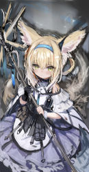 Rule 34 | 1girl, absurdres, animal ear fluff, animal ears, apron, arknights, bare shoulders, black gloves, blonde hair, blue hairband, blush, closed mouth, commentary request, fox ears, fox girl, fox tail, gloves, green eyes, hair between eyes, hair rings, hairband, highres, holding, kitsune, light smile, multicolored hair, purple skirt, shiodome oji, shirt, single glove, skirt, solo, suzuran (arknights), tail, two-tone hair, waist apron, white apron, white hair, white shirt