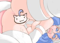Rule 34 | 1girl, anus, big hair, blue eyes, blue hair, capcom, censored, cleft of venus, fangs, fat mons, felicia (vampire), matching hair/eyes, noise (lesion949), novelty censor, pussy, solo, thighhighs, vampire (game)