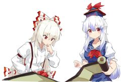 Rule 34 | 2girls, arm garter, baggy pants, blue dress, blue hair, blue headwear, bow, breasts, collarbone, collared shirt, commentary request, dress, finger to mouth, fujiwara no mokou, hair between eyes, hair bow, hat, hat ribbon, holding, holding scroll, kamishirasawa keine, large breasts, long hair, looking at viewer, medium breasts, multicolored hair, multiple girls, nejikyuu, pants, puffy short sleeves, puffy sleeves, reading, red bow, red eyes, red pants, red ribbon, ribbon, scroll, shirt, short sleeves, sidelocks, silver hair, simple background, sitting, suspenders, sweatdrop, thinking, touhou, two-tone bow, two-tone hair, v-shaped eyebrows, very long hair, white background, white shirt, wing collar