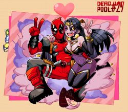 Rule 34 | 1girl, 4boys, arm around shoulder, belt, black hair, black sclera, blush, bob agent of hydra, boots, captain america, chibi, chibi inset, colored sclera, couple, deadpool, deadpool (series), demon girl, detached sleeves, head wings, heart, jewelry, long hair, lots of jewelry, marvel, mask, multiple boys, nail polish, necklace, one eye closed, rariatto (ganguri), shiklah, smile, steve rogers, thigh boots, thighhighs, v, wings, wink, wolverine (x-men), x-men, yellow eyes