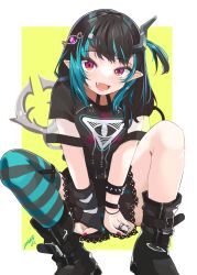 Rule 34 | 1girl, :d, absurdres, black dress, black footwear, black hair, blue hair, blue thighhighs, blush, boots, bracelet, breasts, commentary request, demon girl, demon horns, demon tail, dress, eye hair ornament, eye of providence, fang, full body, grey thighhighs, highres, horns, jewelry, looking at viewer, medium hair, multicolored hair, nanashi inc., one side up, open mouth, pointy ears, red eyes, ring, shishio chris, signature, single thighhigh, small breasts, smile, solo, spiked bracelet, spikes, striped clothes, striped thighhighs, sugar lyric, tail, thighhighs, two-tone background, two-tone hair, virtual youtuber, white background, yellow background, zono (inokura syuzo029)