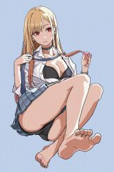 Rule 34 | 1girl, absurdres, ass, barefoot, black bra, black panties, blonde hair, blue background, bra, bracelet, breasts, choker, cleavage, commentary, ear piercing, earrings, english commentary, feet, foot focus, foreshortening, gradient hair, highres, jewelry, kitagawa marin, long hair, medium breasts, multicolored hair, nail polish, open clothes, panties, piercing, pink hair, pink nails, pleated skirt, presenting foot, red eyes, school uniform, shiren (ourboy83), simple background, skirt, soles, solo, sono bisque doll wa koi wo suru, toenail polish, toenails, toes, underwear