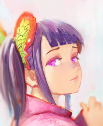 Rule 34 | 1girl, blunt bangs, blurry, bug, butterfly, butterfly hair ornament, closed mouth, depth of field, from behind, hair ornament, highres, insect, japanese clothes, kimetsu no yaiba, kimono, looking at viewer, looking back, portrait, purple eyes, purple hair, purple kimono, side ponytail, sidelocks, solo, tsuyuri kanao, white background, yugen99