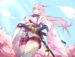 Rule 34 | 1girl, absurdres, animal ears, bare shoulders, blue eyes, cherry blossoms, closed mouth, cloud, cloudy sky, fox ears, fox mask, highres, holding, holding sword, holding weapon, honkai (series), honkai impact 3rd, japanese clothes, katana, kingofdraw, long hair, mask, miko, outdoors, pink hair, pink skirt, skirt, sky, smile, solo, sword, thighhighs, weapon, white thighhighs, yae sakura, yae sakura (gyakushinn miko)
