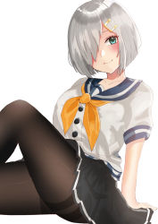 Rule 34 | 1girl, arm support, black pantyhose, black skirt, blue eyes, blue sailor collar, breasts, closed mouth, collarbone, grey hair, hair ornament, hair over one eye, hairclip, hamakaze (kancolle), highres, kantai collection, knee up, large breasts, long bangs, looking at viewer, neckerchief, orange neckerchief, pantyhose, pevy2323, sailor collar, school uniform, serafuku, shirt, short hair, short sleeves, sitting, skirt, smile, solo, thighband pantyhose, white background, white shirt