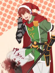 Rule 34 | 1boy, ^ ^, alternate costume, blood, brown eyes, brown hair, cape, cigarette, closed eyes, closed eyes, facial hair, fate/grand order, fate (series), feet out of frame, gauntlets, goatee, grin, hat, hector (fate), highres, male focus, medium hair, nagiko (mangalove1111), polearm, red cape, santa hat, smile, solo, translation request, waving, weapon