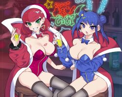 Rule 34 | 2girls, bar (place), blue hair, blue nails, bow, bowtie, breasts, coat, cup, detached collar, double bun, duel monster, ear piercing, earrings, evil twin ki-sikil, evil twin lil-la, green eyes, hair bun, hat, highres, holding, holding cup, jewelry, ki-sikil (yu-gi-oh!), large breasts, leotard, lil-la (yu-gi-oh!), lipstick mark, multiple girls, neon lights, piercing, playboy bunny, purple eyes, red coat, red hair, red nails, single earring, sitting, thighhighs, wadatsumi (sense11531153), yu-gi-oh!