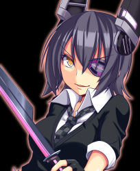 Rule 34 | 10s, 1girl, black background, black gloves, black hair, black necktie, cardigan, checkered clothes, checkered necktie, checkered neckwear, collared shirt, eyebrows, eyepatch, fingerless gloves, gloves, hair between eyes, headgear, headphones, hisae (hisae collect), kantai collection, looking at viewer, necktie, parted lips, purple hair, shirt, short hair, simple background, solo, sword, tenryuu (kancolle), upper body, weapon, yellow eyes