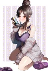 Rule 34 | 1girl, absurdres, alcohol, babydoll, bare shoulders, black hair, blush, breasts, camisole, cleavage, collarbone, dango, drunk, food, frilled babydoll, frills, gradient hair, grey hair, hair bun, highres, lace, large breasts, lingerie, long hair, looking at viewer, multicolored hair, negligee, nekotokage, nightgown, nijisanji, orange eyes, purple babydoll, shirayuki tomoe, single hair bun, solo, spaghetti strap, squeans, sweater, thighs, underwear, underwear only, virtual youtuber, wagashi