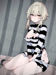 Rule 34 | 1girl, blonde hair, blush, breasts, cleavage, closed mouth, commentary, cuffs, female focus, genshin impact, indoors, kuromu shado, large breasts, long sleeves, looking at viewer, lumine (genshin impact), no pupils, on floor, prison cell, prison clothes, restrained, shackles, shirt, short hair with long locks, sidelocks, sitting, solo, striped clothes, striped shirt, torn clothes, torn shirt, yellow eyes, yokozuwari