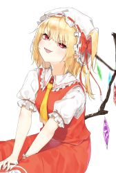 Rule 34 | 1girl, blonde hair, breasts, collared shirt, fangs, flandre scarlet, frilled shirt collar, frilled skirt, frilled sleeves, frills, hat, highres, looking at viewer, lower teeth only, medium hair, mob cap, multicolored wings, necktie, open mouth, pocche-ex, pointy ears, puffy short sleeves, puffy sleeves, red eyes, red ribbon, red skirt, red vest, ribbon, ribbon-trimmed headwear, ribbon trim, shirt, short sleeves, side ponytail, simple background, skin fangs, skirt, skirt set, small breasts, solo, teeth, touhou, vest, white background, white hat, white shirt, wings, wrist cuffs, yellow necktie