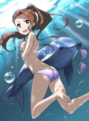 Rule 34 | 1girl, air bubble, ass, assisted exposure, barefoot, bikini, unworn bikini top, blush, bow, breasts, brown eyes, brown hair, bubble, butt crack, clothes theft, covering privates, covering breasts, dolphin, embarrassed, feet, freediving, hair bow, hairband, holding breath, idolmaster, idolmaster (classic), light rays, long hair, looking at viewer, looking back, minase iori, open mouth, ponytail, purple bikini, small breasts, soles, solo, sunbeam, sunlight, swimming, swimsuit, swimsuit theft, theft, toes, topless, underwater, water, wavy mouth, yumekaranigeruna