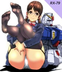 Rule 34 | 1girl, ass, black thighhighs, blue jacket, breasts, brown eyes, brown hair, closed mouth, commentary request, garter straps, glasses, ground gundam, gundam, gundam 08th ms team, hair ornament, jacket, kamisimo 90, knees up, long hair, looking at viewer, mecha, neck ribbon, original, panties, presenting, red ribbon, ribbon, robot, shirt, smile, solo, thighhighs, toes, twintails, twintails nurse (kamisimo 90), underwear, white panties
