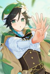 Rule 34 | 1boy, androgynous, beret, black hair, blue hair, blurry, blurry background, blush, bow, braid, cape, collared cape, collared shirt, commentary request, corset, flower, frilled sleeves, frills, genshin impact, gradient hair, green cape, green eyes, green hat, hair flower, hair ornament, hat, highres, kumonon (8f2k3), leaf, long sleeves, looking at viewer, male focus, multicolored hair, open mouth, shirt, short hair with long locks, side braids, sidelocks, solo, twin braids, v, venti (genshin impact), vision (genshin impact), white flower, white shirt