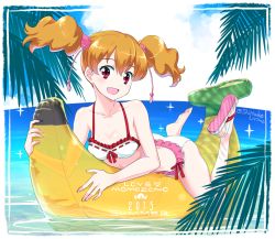 Rule 34 | 00s, 1girl, 2015, :d, artist name, ass, banana, banana boat, barefoot, beach, bikini, blonde hair, breasts, character name, cleavage, commentary request, food, fresh precure!, fruit, full body, hair ornament, heart, highres, inflatable toy, looking at viewer, lying, medium breasts, momozono love, on stomach, open mouth, precure, red eyes, ribbon-trimmed bikini, sandals, shiitake urimo, shoes, single sandal, single shoe, smile, solo, swimsuit, twintails, water