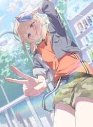 Rule 34 | 1girl, applepie (12711019), arm up, blonde hair, blue eyes, blue sky, blush, building, camouflage, camouflage shorts, can, canned coffee, cloud, cloudy sky, commentary, cowboy shot, cropped jacket, day, denim, denim jacket, drink can, dutch angle, green shorts, highres, holding, holding can, idolmaster, idolmaster shiny colors, jacket, lamppost, looking at viewer, low twintails, open clothes, open jacket, orange shirt, outdoors, park, pocari sweat, railing, rainbow, serizawa asahi, shirt, shorts, sky, sleeves rolled up, solo, sunlight, tareme, tongue, tongue out, tree, twintails, v, vending machine