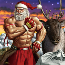 Rule 34 | 10s, 1boy, 2011, abs, animal, antlers, bare shoulders, beard, belt, clenched hand, epic, facial hair, fingerless gloves, gloves, heterochromia, horns, male focus, manly, matataku, muscular, mustache, old, old man, open mouth, original, reindeer, reindeer antlers, santa claus, santa costume, sky, solo, star (symbol), topless male, veins