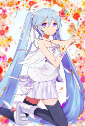 Rule 34 | 1girl, bad id, bad pixiv id, blue eyes, blue hair, boots, feathers, flower, halo, harano, hatsune miku, kneeling, long hair, matching hair/eyes, purple eyes, skirt, solo, thighhighs, twintails, very long hair, vocaloid, wings