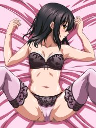 Rule 34 | 1girl, bare arms, bed sheet, black hair, blush, bra, brown eyes, cameltoe, closed mouth, frilled bra, frills, from above, grey bra, highres, himeragi yukina, kororofu, lingerie, long hair, looking at viewer, lying, navel, on back, panties, pink panties, pink thighhighs, profile, shiny skin, solo, spread legs, straight hair, strapless, strapless bra, strike the blood, thighhighs, underwear, underwear only