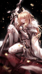 Rule 34 | 1girl, absurdres, animal ear fluff, animal ears, arknights, armor, bad id, bad pixiv id, black gloves, blemishine (arknights), blonde hair, closed eyes, commentary request, fur trim, gloves, greaves, highres, holding, holding sword, holding weapon, horse girl, knee up, long hair, solo, sword, takano jiyuu, vambraces, weapon