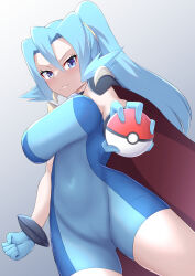 Rule 34 | 1girl, blue bodysuit, blue eyes, blue gloves, blue hair, bodysuit, breasts, cape, clair (pokemon), covered navel, creatures (company), dutch angle, game freak, gloves, grey background, highres, holding, holding poke ball, large breasts, looking at viewer, nintendo, poke ball, poke ball (basic), pokemon, pokemon hgss, ponytail, solo, tattuuy