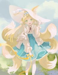 Rule 34 | 1girl, :d, absurdres, animal ear fluff, animal ears, arknights, blue skirt, blush, cardigan, commentary, ears through headwear, fang, feet out of frame, fox ears, fox girl, fox tail, green eyes, hand on headwear, highres, holding, holding ribbon, lace, lace-trimmed skirt, lace trim, long sleeves, looking at viewer, multiple tails, mushi40384, neck ribbon, off shoulder, official alternate costume, open mouth, red ribbon, ribbon, shirt, skirt, smile, solo, suzuran (arknights), suzuran (spring praise) (arknights), tail, teeth, upper teeth only, white cardigan, white headwear, white shirt, yellow ribbon